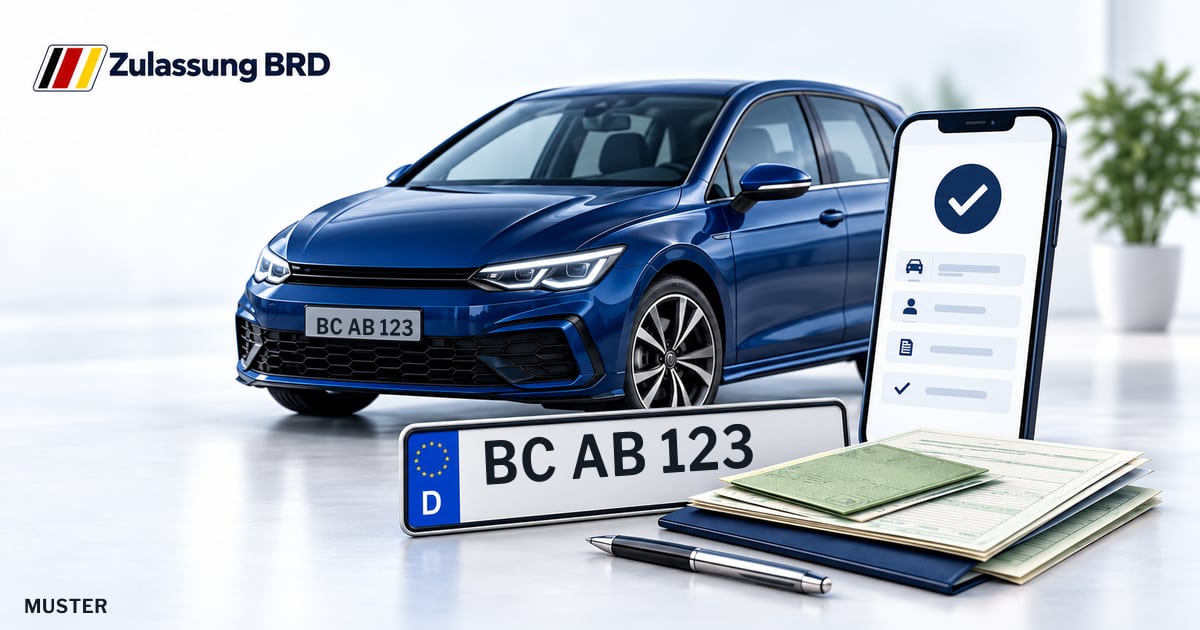 Online Fahrzeugzulassung in Biberach: Musterkennzeichen BC AB 123, Auto und Fahrzeugpapiere und Smartphone. Illustration mit Logo von Zulassung BRD.